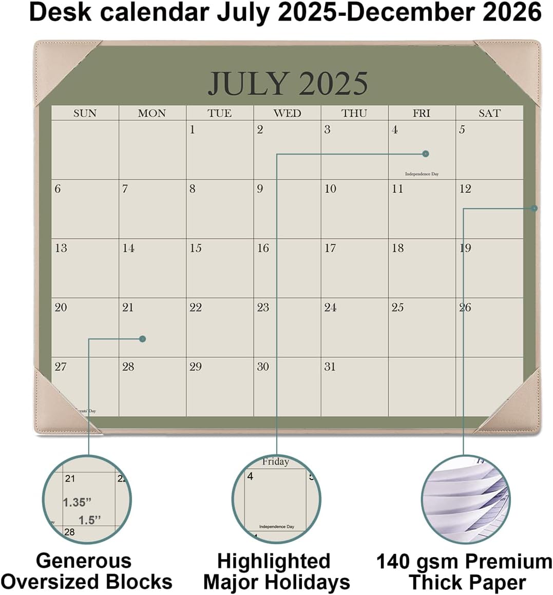 Desk Calendar 2025-2026 with Desktop Mat, 18 Month Small Desk Pad Calendar from July 2025 to December 2026, 8.5" x 11" Desk Pad Calendar 2025-2026 for Home, School Office, Beige