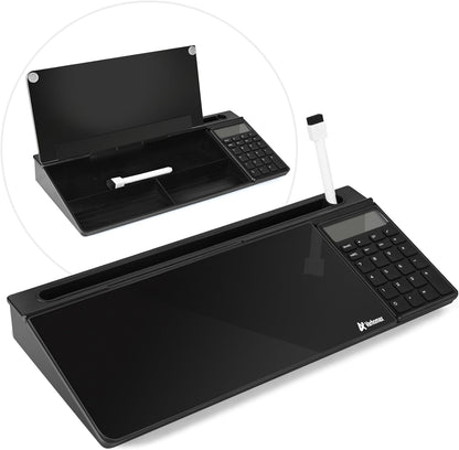 Varhomax Glass Desk Whiteboard Black with Calculator, Desktop Dry Erase White Board with Storage, to Do List Memo Notepad for Home and Office