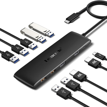 Lemorele 10 -in-1 USB C Docking Station for Laptop Dell Mac HP Lenovo, 10Gbps USB C Hub with 2 HDMI 4K, 4*USB 3.1 10Gbps Data Port, 100W PD Charging, 3 USB 2.0 for Keybord, Mouse