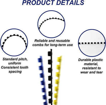 Rayson CR-6-100-M Plastic Binding Combs 1/4in. 21-Ring, 20-Sheet Capacity, Colorful Comb Binding Spines, Max. Binding A4 Size Paper (8.3"×11.7"), Box of 100