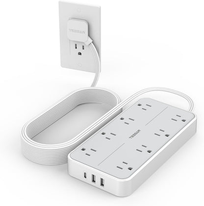 Flat Plug 15 FT Extension Cord, TESSAN Surge Protector Power Strip with 8 AC and 3 USB(1USB-C) Ports, 1080J Protection, Wall Mount Widely Spaced Charging Station for Home, Office, School, Dorm Room