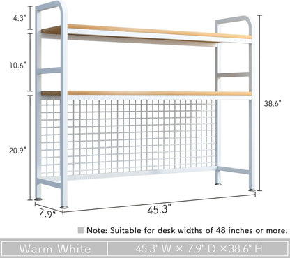 IOTXY 2-Tier Desktop Hutch Bookshelf - Metal Desk Shelf Bookcase with Grid Panel, Countertop Storage Organizer Rack for Dorm or Office, White, 45.3" W