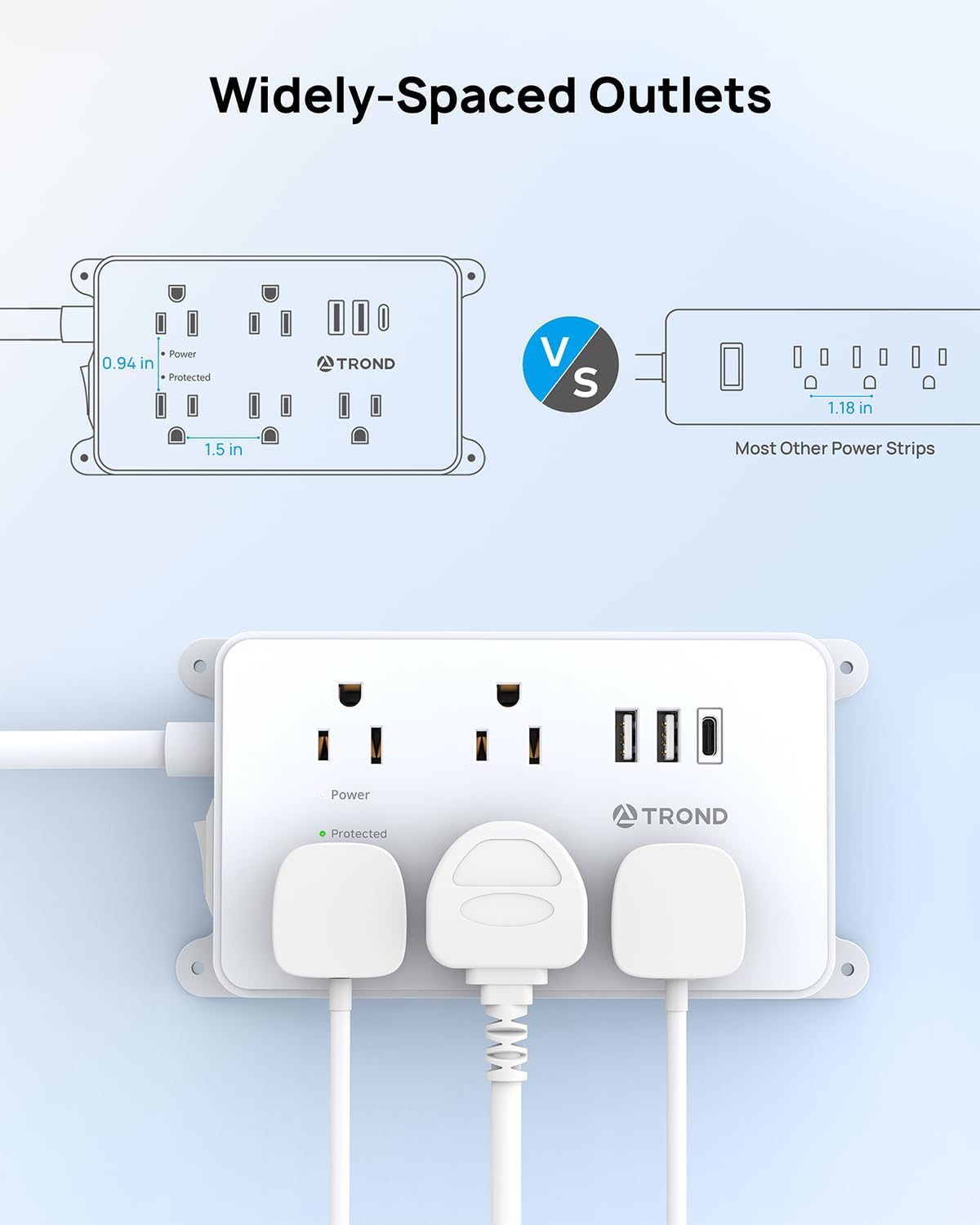 TROND Power Strip with USB, 10ft Extension Cord Surge Protector, 5 Widely Spaced Outlets with 3 USB Ports, ETL Listed, 1300J, Low-Profile Flat Plug, Wall Mountable, White