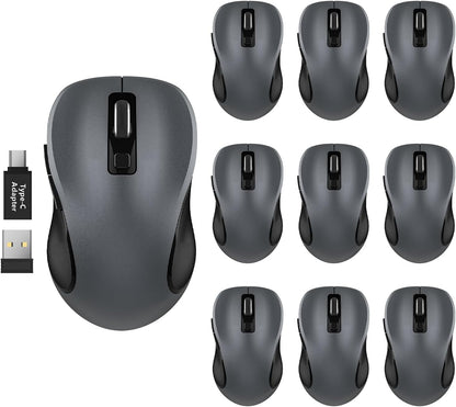 WisFox 2.4G Wireless Mouse for Laptop, Ergonomic Computer Mouse with USB Receiver and Type-C Adapter, 3 Adjustable Levels DPI, 6 Button Cordless Wireless Mice (Grey, 10 Pack)