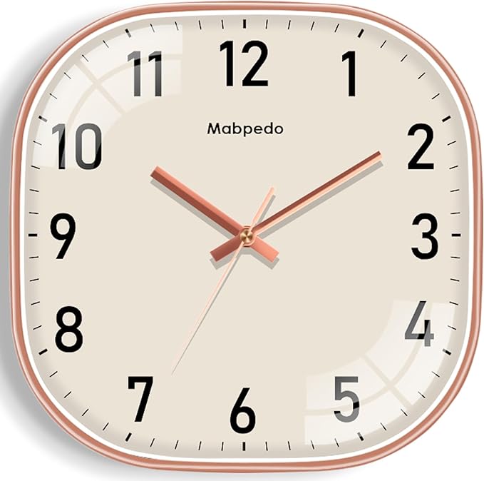 Wall Clocks Battery Operated, 12 Inch Silent Wall Clock, Non Ticking Square Analog Decorative Wall Clocks for Bedroom Living Room Office Home Gym Porch Decor Indoor Outdoor Clock, Rose Gold