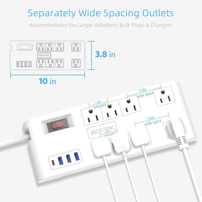 BESTEK 8 AC Outlet, 5 Feet Extension Cord Power Strip with 3 USB-A 2.4A 1USB-C 3A, MAX Output 1625W 13A, 600Joule, Ultra-Compact Wide Spaced Outlet for Large Plug