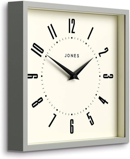 JONES CLOCKS® Box Wall Clock | Retro Square | 10 inch | Gray | Easy to Read Numbers | Perfect Kitchen or Office Clock