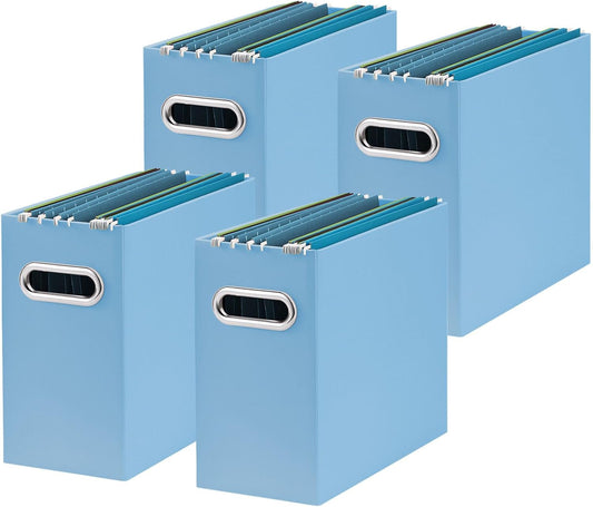 Oterri File Organizer, 4 Packs Small Storage Box, Cardboard File Folder Organizer, Collapsible File Box for Hanging File Folders Letter Size, Portable Filing Organizer with Handle (Blue)