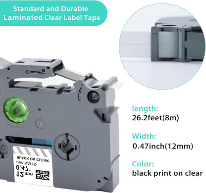 BOYEEZON TZe/TZ Tape 12mm 0.47 Laminated Clear Replacement for Brother Ptouch TZe-131 Laminated Black on Clear Label Tape for Brother Label Maker PT-D210, PT-D220, PT-H110, PT-D400, 5-Pack
