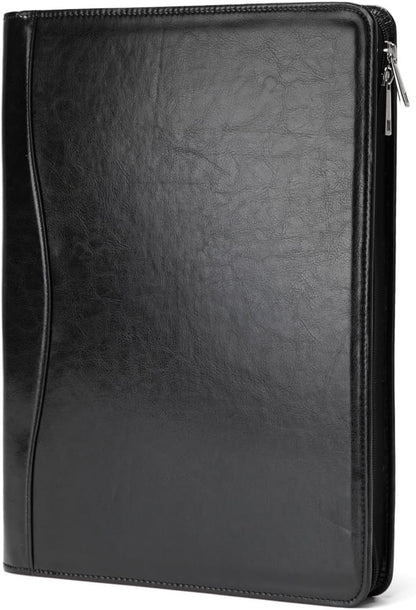 Vegan Leather Portfolio, Legal Size 8.5 x 14 Pad Holder, Business Padfolio for Men and Women, Zippered Laptop Organizer, Executive Professional Work Travel Notepad Folio, Black