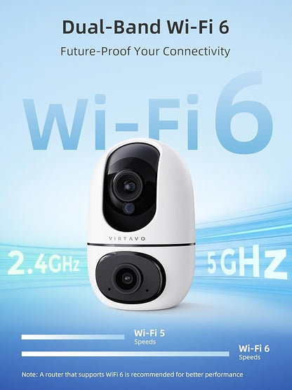 virtavo Indoor Security Camera, Dual-Lens 360° PTZ WiFi Baby Pet Monitor for Home, Motion Tracking, 2-Way Audio, Night Vision, No Subscription, WiFi6 2.4GHz/5GHz, SD & Cloud Storage, Works with Alexa