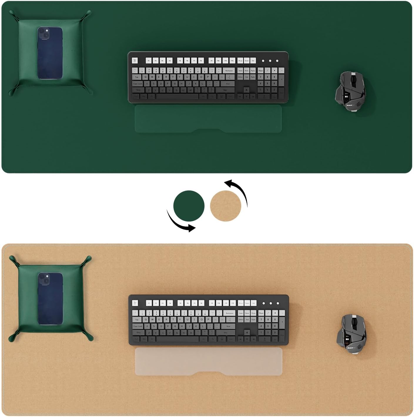 DAWNTREES Dual Sided Desk Mat,Leather Desk Pad,Cork Desk Mat Protector,with PU Leather Valet Tray Organizer,Large Mouse Pad,Desk Writing Pad for Office and Home(Dark Green 31.5"x15.8")