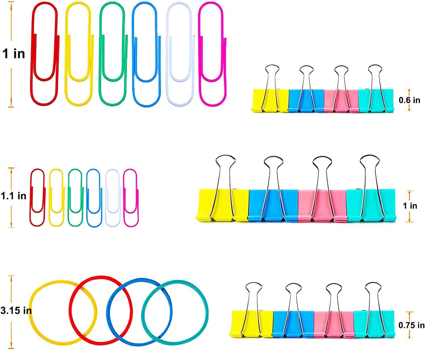 Vinaco 300PCS Paper Clips and Binder Clips Assorted Sizes, Colored Paper Clips (2" Large/1.3" Medium), Binder Clips (1" Medium /0.75" Small/0.6" Mini) and Rubber Bands for Home Office School