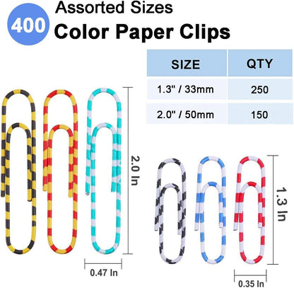 Vinaco Paper Clips Color Stripe, 400PCS Medium & Large (1.3 inch & 2 inch) Paper Clip Assored Size, Durable and Rustproof, Vinyl Coated Paperclips Colorful for Office School Document Organizing