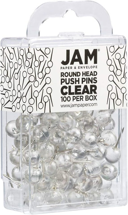 JAM PAPER Colorful Push Pins - Round Head Map Thumb Tacks - Clear Pushpins - 100/Pack