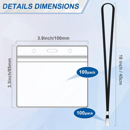 100Pcs Lanyards for Id Badges and 100 Pcs Clear Plastic Horizontal Name Badge ID Card Holders, Flat Neck Lanyards with Clip Waterproof Resealable Name Tag Badge ID Card Holders, Black