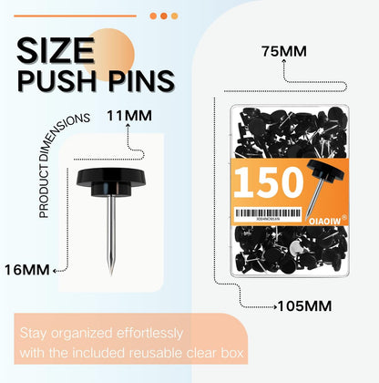 150 PCS Black Flat Push Pins for Wall Thumb Tacks for Walls Flat thumbtacks Push pin for Bulletin Board Shadow Box Display Thumbtack for Cork Board