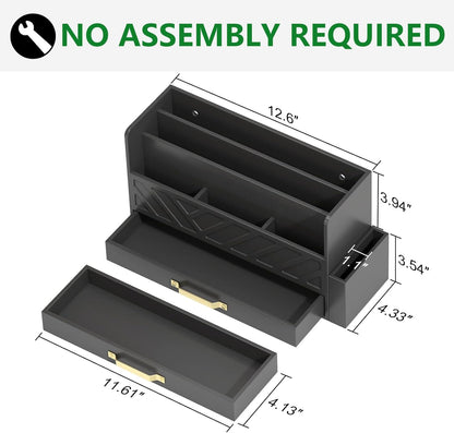Bamboo Desk Organizer Mail Holder Countertop Wood Desk Drawer Tabletop Storage Box Pen Holder Letter Sorter Makeup Organizer for School Home Office Supplies with Pen Holder Black