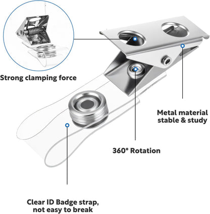 300 Pcs Metal Badge Clips with Clear PVC Straps – Double Hole ID Card Clips for Name Tags, Badge Holders & Office Use