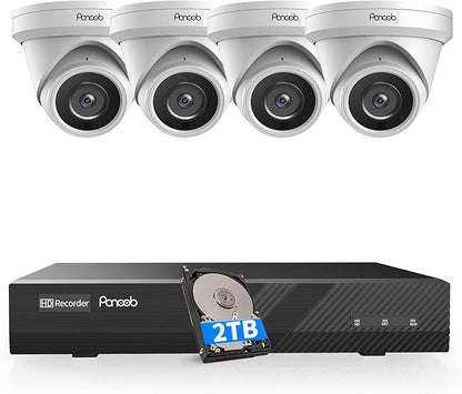 4K POE Security Camera System, 4PCS PoE Wired Turret 4K Cameras with Person Vehicle Detection,Wide Angle,Built-in Micphone, 4K/8MP 8 Channel NVR with 2TB HDD, 100Ft IR Night Vision,PD0408-4K