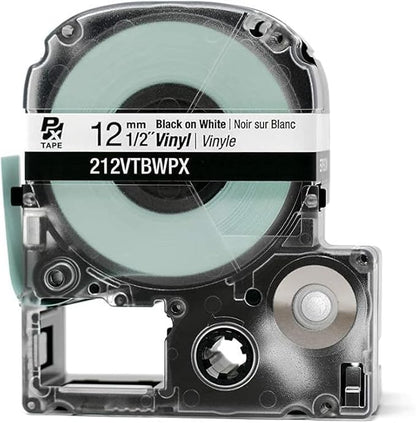 Epson LABELWORKS 212VTBWPX-5PK Genuine Tape Cartridge - 5 Pack Black on White Flexible and Durable Vinyl Industrial Label Maker Tape - 1/2" (12MM) Wide, 22.9 ft - 5 Cartridges