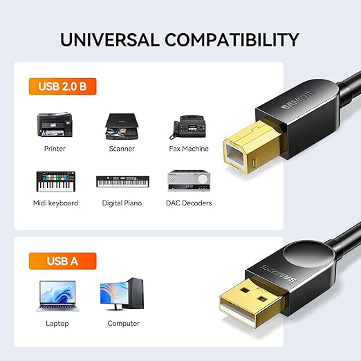 SAMZHE 5FT USB A to B Printer Cable, High Speed Printer Cord for HP Canon Epson Dell Samsung Brother Lexmark Xerox, USB 2.0 Cables Compatible with Printers, Scanner, External Hard Drive, MIDI Keyboard