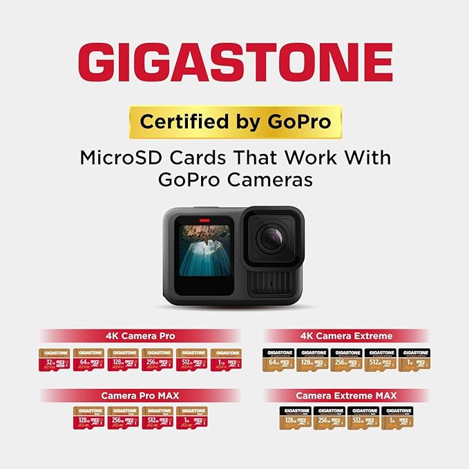 [5-Years Data Recovery] Gigastone 256GB Micro SD Card, 4K Camera Pro, A2 V30 UHS-I U3, Up to 100MB/s, for Smartphone, GoPro, Action Cam, 4K UHD Video, Nintendo Switch, with Adapter & USB-C Reader