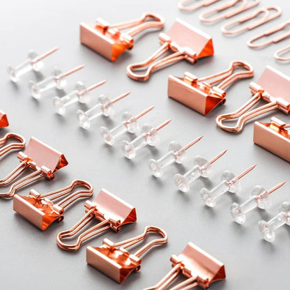 Paper Clips and Binder Clips Set, 3 Pack, 216 pcs, Metal Assorted Sized Binders with Push Pins, Cute Rose Gold Office Supplies for Desk, Desk Accessories