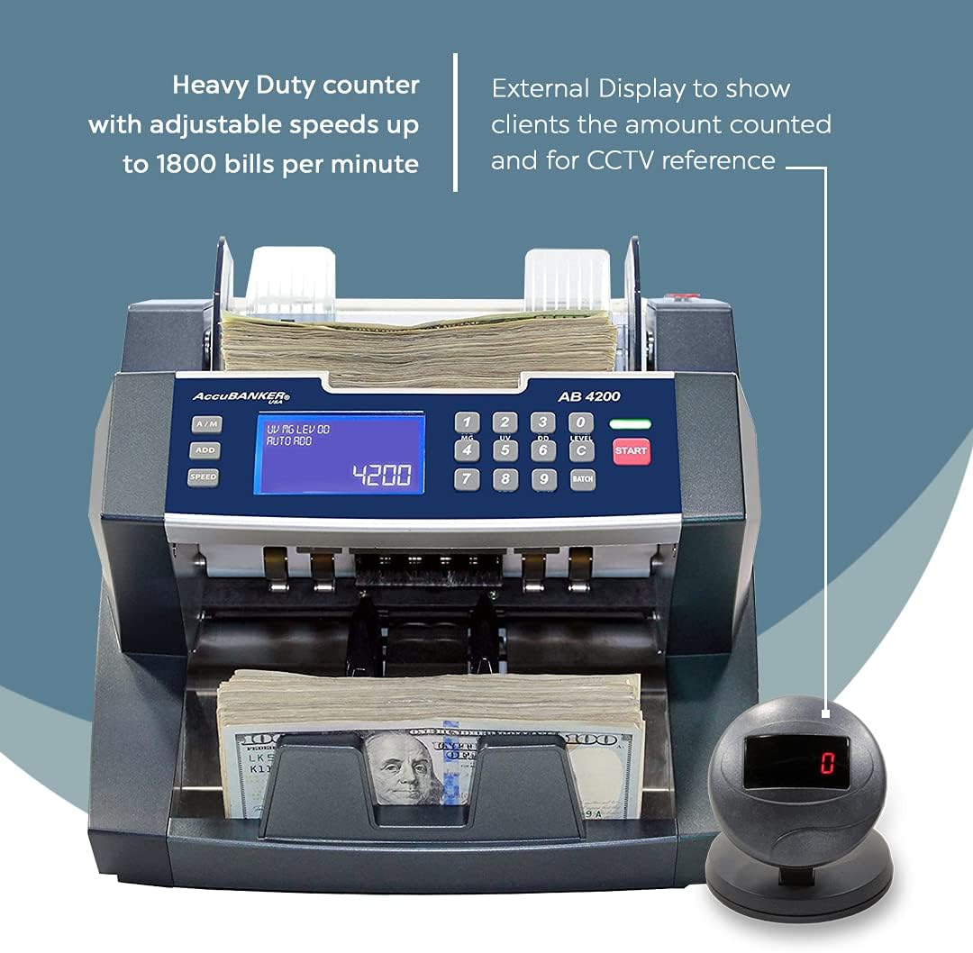 AccuBANKER AB4200MGUV Bill Counter Machine, 300 Bills Hopper Capacity Variable Counting Speeds up to 1,800 Bills/Min with 3-Point Counterfeit Detector Magnetic Ultraviolet, Commercial Grade, UL & CE