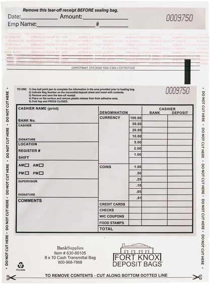 BankSupplies Clear Cash Deposit Bags | 8W x 10H | 500 Pack | Tamper-Evident Peel | Write-on Panel | Perforated Bottom | Matching Serial Number & Barcode | Deposit Plastic Bags