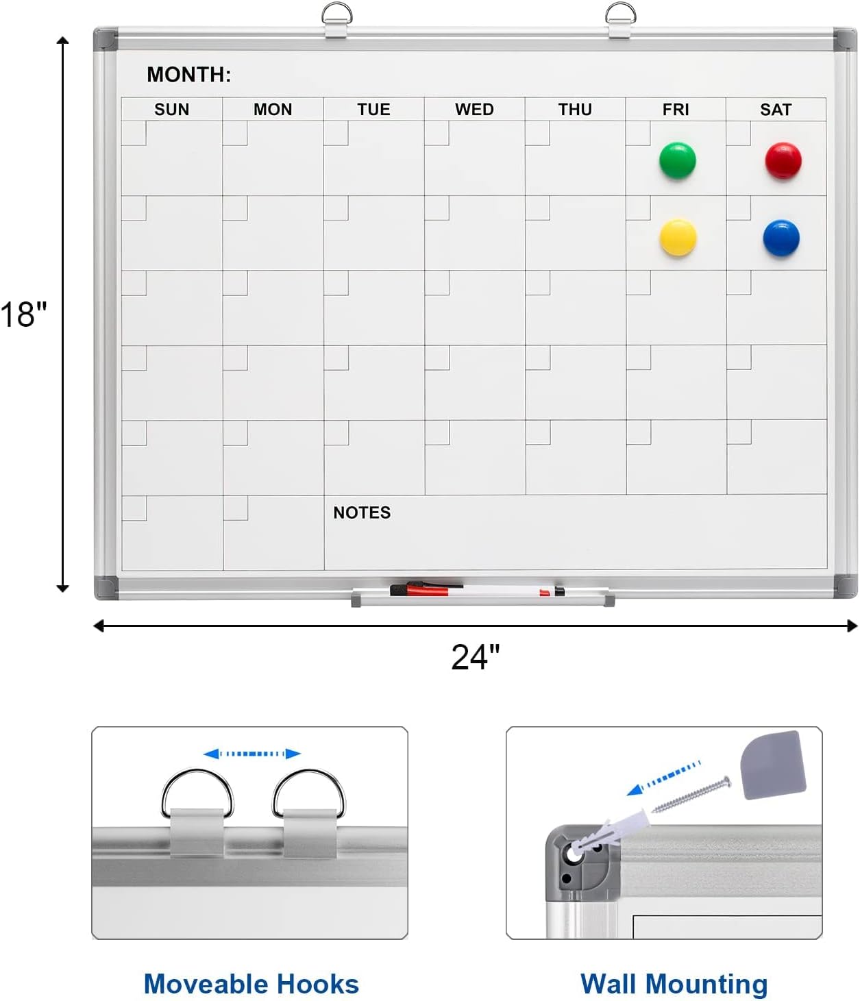 Comix Magnetic Dry Erase Calendar Whiteboard, 24 x 18 Inches Monthly Calendar Dry Erase Board for Wall, Aluminum Frame Planner White Board with Markers, Eraser, Magnets
