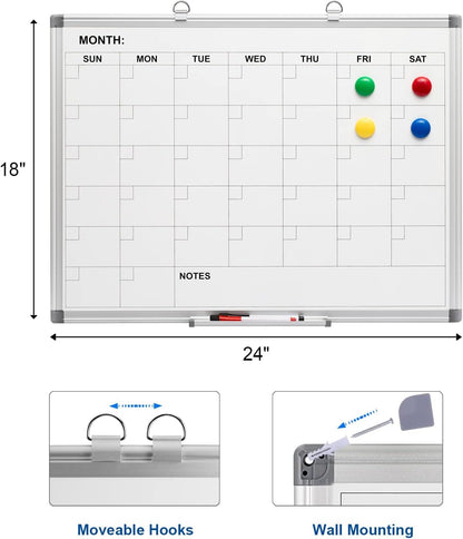 Comix Magnetic Dry Erase Calendar Whiteboard, 24 x 18 Inches Monthly Calendar Dry Erase Board for Wall, Aluminum Frame Planner White Board with Markers, Eraser, Magnets