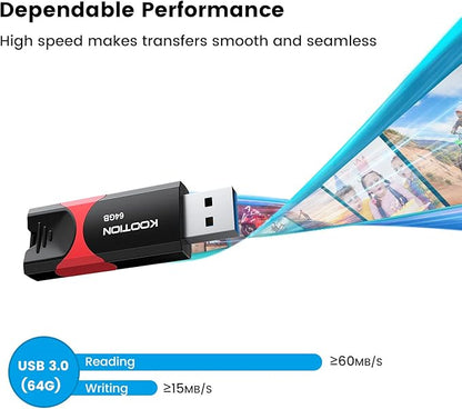 KOOTION Flash Drive 64 GB USB 3.0 Flash Drive Thumb Drive Retractable 64G Memory Stick Ultra High Speed USB Stick Rugged Jump Drive with LED Indicator for Data Storage and Transfer