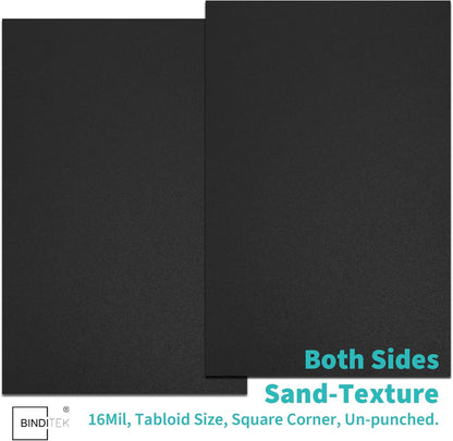 Binditek 50 Pack 16 Mil Sand-Textured Polycover, 11 x 17 Inches Front and Back Covers, Lightly Sanded Finish, Heavyduty Binding Presentation Covers for Business Reports, Tabloid, Black
