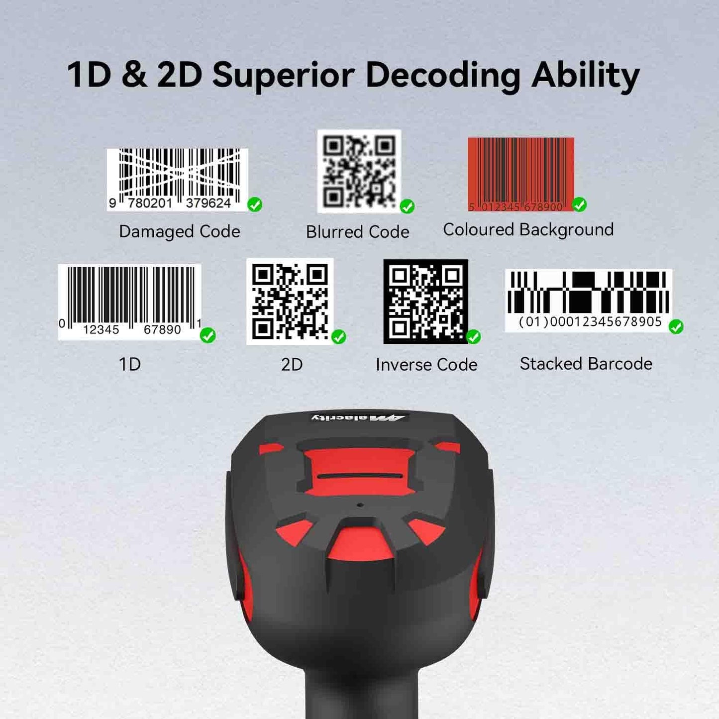 Alacrity Upgraded 2D Industrial Barcode Scanner with Wireless Charging Stand, 1968 Feet Transmission Distance 433Mhz Wireless & Bluetooth 2in1 Barcode Reader, Shock Dust Proof Hands Free, Red