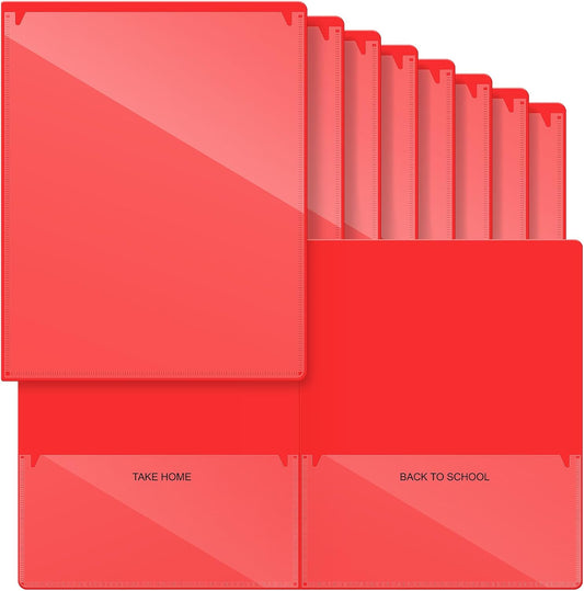 Henoyso 12 Pcs Folders Take Home Heavy Duty 2 Pocket Homework Folders with Clear Front Pockets for Elementary Students Parent Teacher Communication (Red)