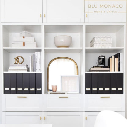 BLU MONACO Declutter in Style - Set of 6 Black Foldable Magazine File Holders with Gold Label Holders - Cardboard Magazine Storage Box & Desk Organizer for Workspace and Shelves