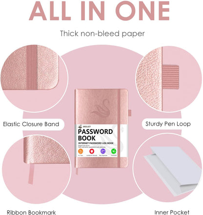 Elegant Password Book with Alphabetical Tabs - Hardcover Password Book for Internet Website Address Login - 7" x 10" Password Keeper and Organizer w/Notes Section & Back Pocket (Rose Gold)
