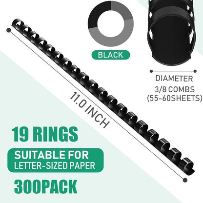 Maitys 300 Pcs Plastic Binding Combs Bulk 19 Ring Comb Spines Letter Size Spiral Binding for Notebook Calendar Picture(3/8 Inch,Black)