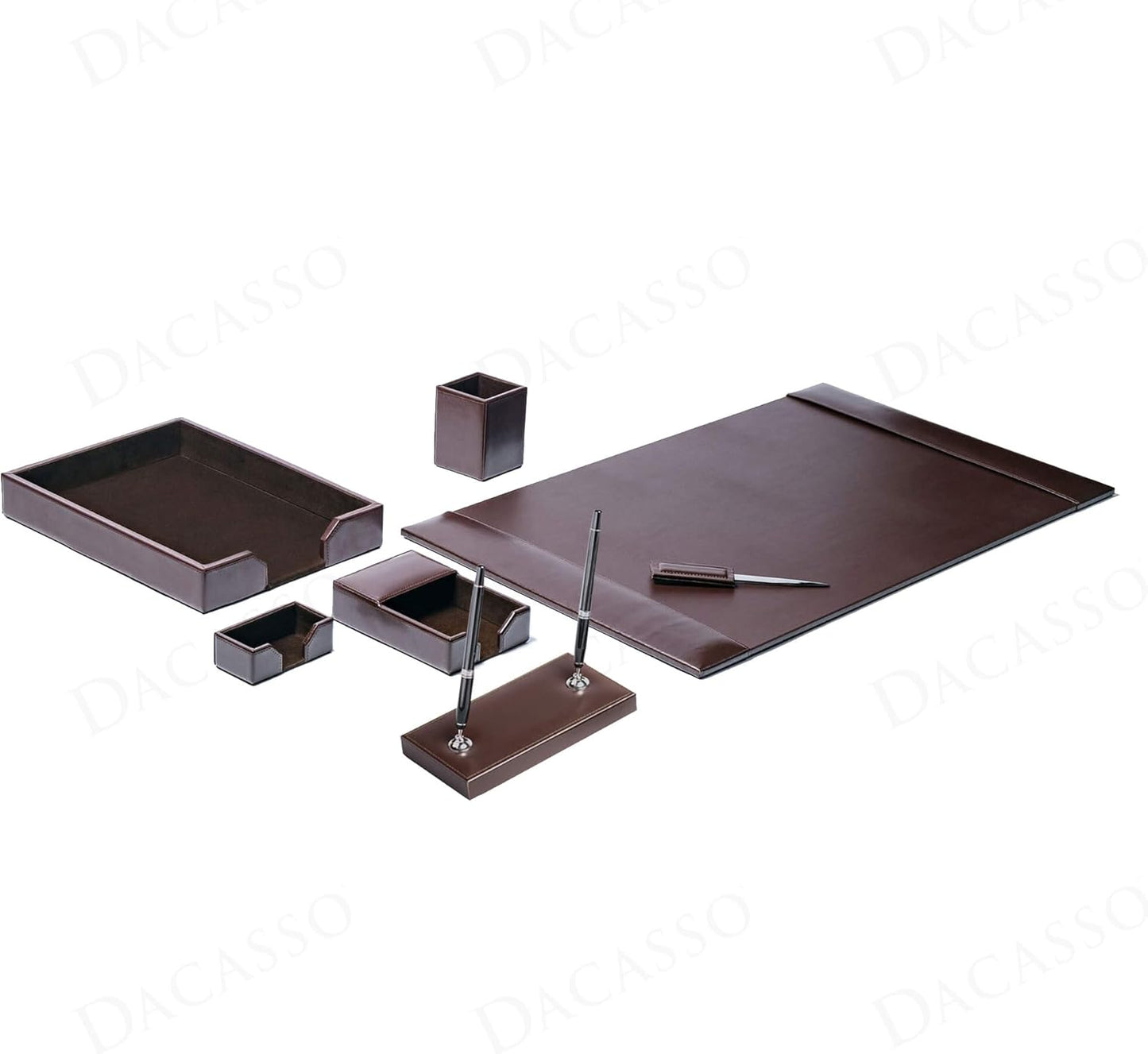 Dacasso Dark Brown Bonded Leather Luxury 7-Piece Desk Set - Blotter Pad & Desk Organization Essentials - Executive Decor and Surface Protector