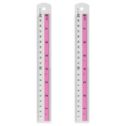 HARFINGTON 2pcs Metal Straight Ruler 20cm Metric SAE Aluminum Alloy Measuring Rulers Scale Tools with Hole for Measure Study Reading Classroom Office, Pink