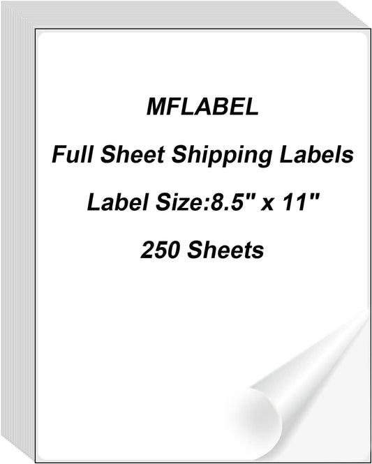 MFLABEL Full Sheet Sticker Labels, Address Labels, White Matte Label Paper, 8-1/2" x 11" Shipping Labels for Laser & Inkjet Printer (250 Labels, 250 Sheets)