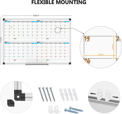 XBoard Magnetic Calendar Whiteboard 36" x 24", 4 Months Calendar Dry Erase Board, Silver Aluminium Framed White Board Planner for Home School Office Organization