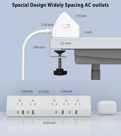 Desk Clamp Power Strip 65W Fast Charging Station,4 PD USB-C,5 Outlets,Nightstand Desk Edge Mount Tower Surge Protector,15 Amp Heavy Duty Power Strip,Fits 1.96" Tabletop Edge (White, 10 FT Cable)
