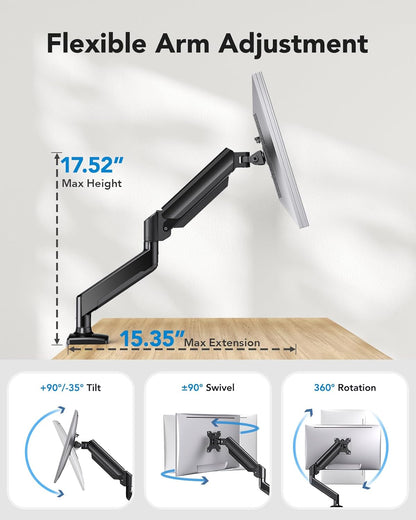 HUANUO Single Monitor Arm 13-34 Inch, Adjustable Gas Spring Arm, Monitor Desk Mount for 4.4-22lbs, VESA 75/100mm with C-Clamp/Grommet Base, Ergonomic Stand for Work/Gaming