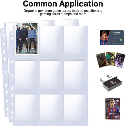 Trading Card Sleeve Pages, PANDRI 100 Pack 9 Pocket Trading Card Storage Album Pages 11 Holes Fit 3 Ring Binder