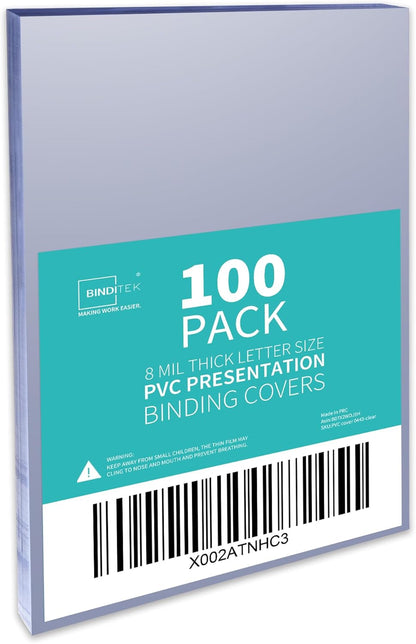 Binditek 100 Pack 8mil PVC Clear Binding Presentation Covers, Letter Size, 8.5 x 11 Inches, Square Corners, Un-Punched, Office Supplies