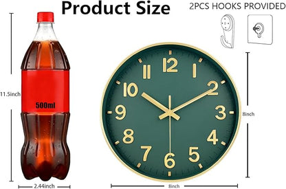 Wall Clock, 8 Inch Wall Clocks Battery Operated, Modern Non Ticking Silent Digital Analog Small Wall Clock for Bedroom Living Room Kitchen Office Gym Classroom Outdoor Clocks, Gold Green