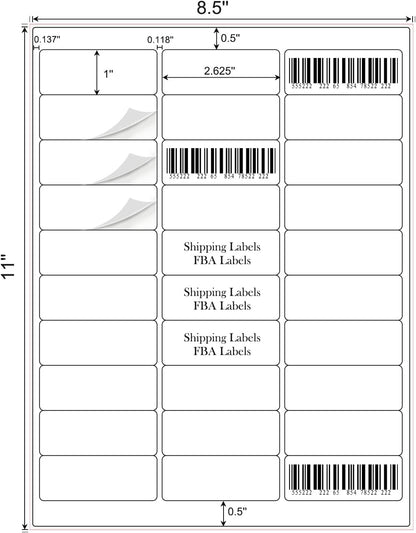 1" x 2-5/8" Address Labels 900 Labels Sticker Paper for Laser/Ink Jet Printer mailing Labels 8.5"×11" White 30 per Sheet