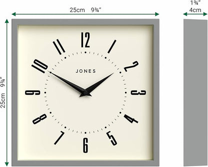JONES CLOCKS® Box Wall Clock | Retro Square | 10 inch | Gray | Easy to Read Numbers | Perfect Kitchen or Office Clock